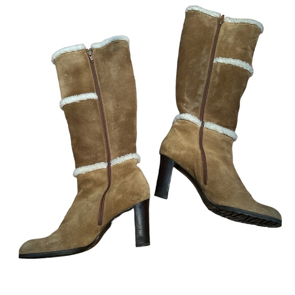 Stuart Weitzman Suede Shearling 3” Heel Rubber Sole Tall Shaft Boots 7.5M Spain - Picture 2 of 9